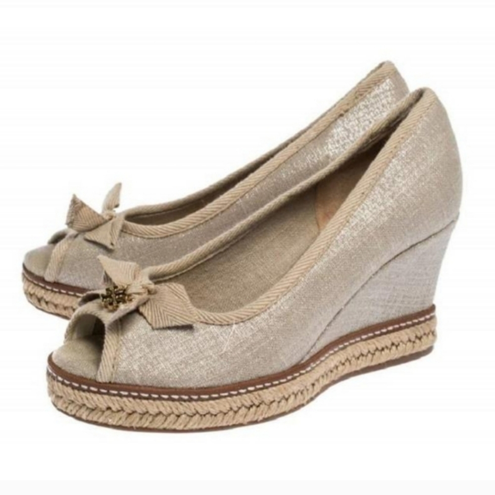 Tory Burch Jacki Espidrilles Peep Toe Rafia Rope Wedge Heel Canvas #710